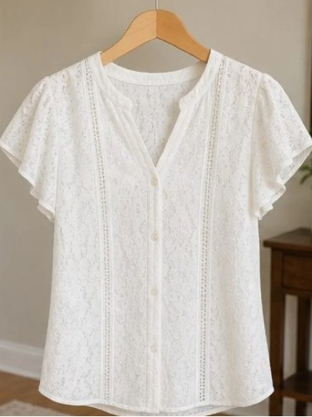 Women's White Lace Button-Front Blouse